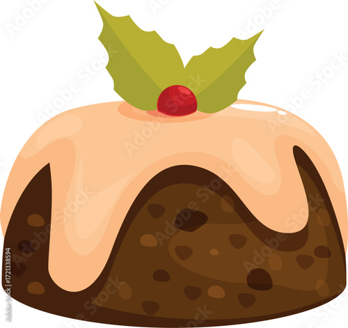 Delicious christmas pudding dessert with custard and holly berry, perfect for holiday celebrations