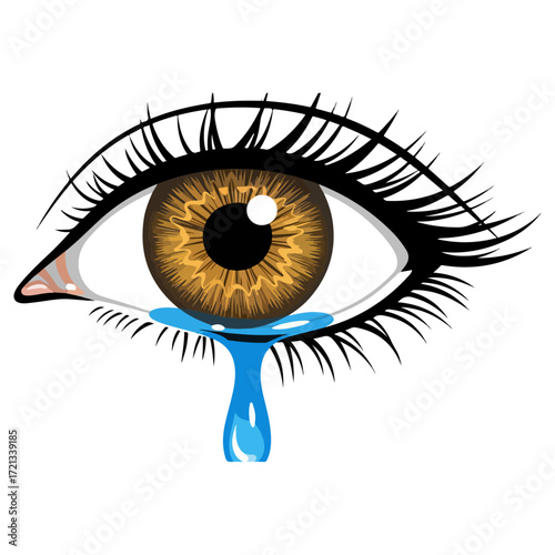 Eye with tear, illustration of a sad human emotion, crying, sadness.