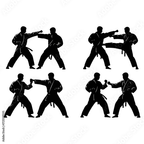 Karate practitioners in action, demonstrating martial arts techniques.
