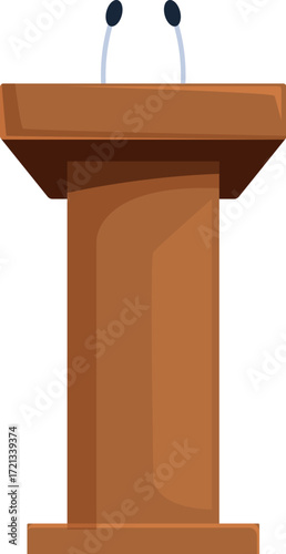 Wooden podium with microphones is set against a white background, creating a professional and minimalist setup for presentations