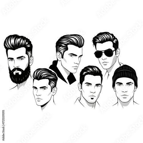 Mens hairstyles and haircuts collection, black and white illustration.