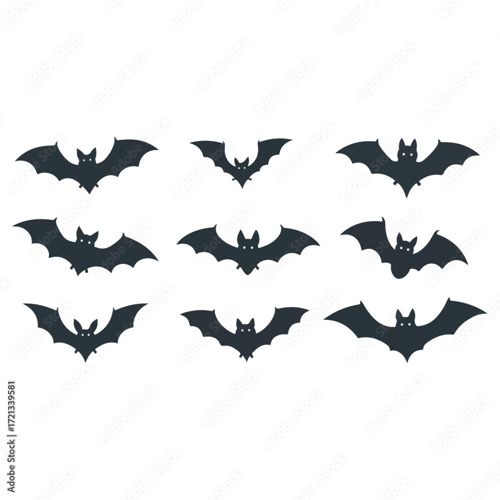 Naklejka premium Nine black bat silhouettes on a white background for Halloween decoration.
