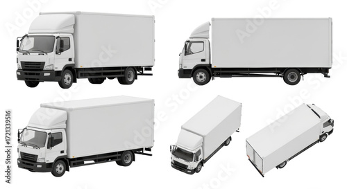 Wallpaper Mural Multiple views of a pristine, unbranded white commercial delivery truck against an infinite white studio background with copy space, photorealistic 3D render, concept for logistics branding Torontodigital.ca