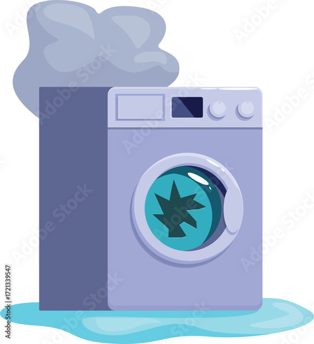 Broken washing machine is leaking water and emitting smoke, requiring urgent repair by a technician