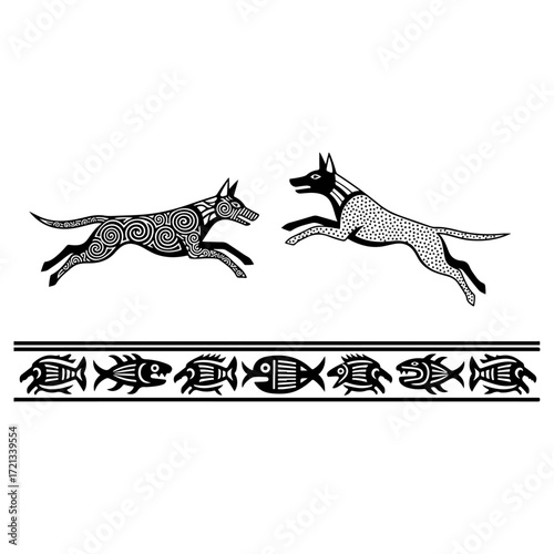 Two leaping dogs and fish border illustration in black and white.