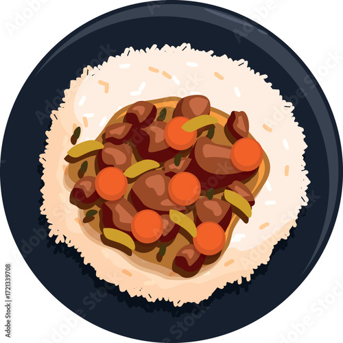 Beef stew with carrots and rice served on a black plate, viewed from above