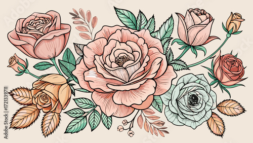 Elegant line art illustrations of different rose flower stages and blossoms, delicate botanical beauty, graceful outlines, perfect for romantic invitations, decorative branding, or floral-themed graph