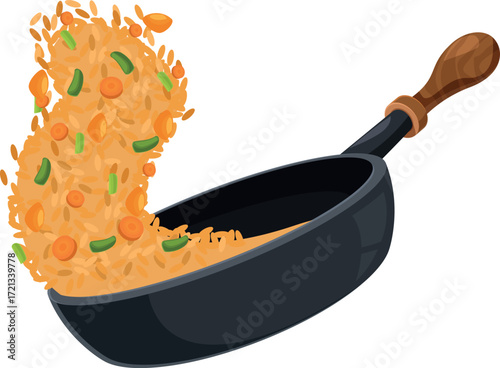 Rice and vegetables jumping in a frying pan, cooking process illustration