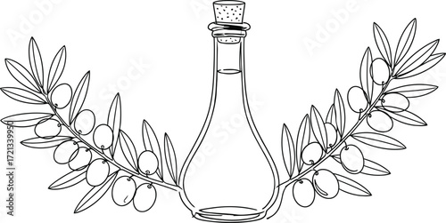 Olive oil bottle with olive branch line art illustration