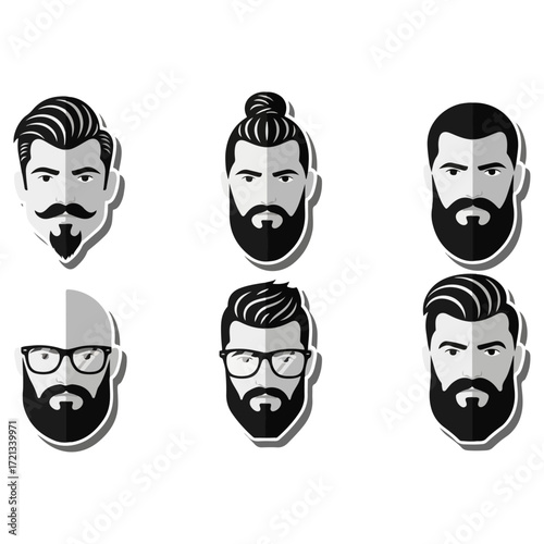 Bearded men faces with different hairstyles and glasses on white background.
