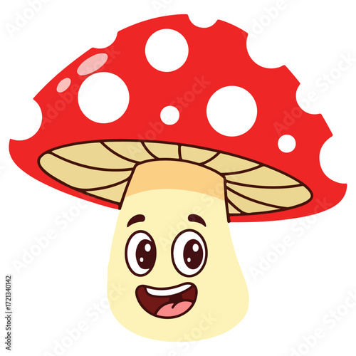 Cartoon mushroom with red cap and white spots smiling happily.