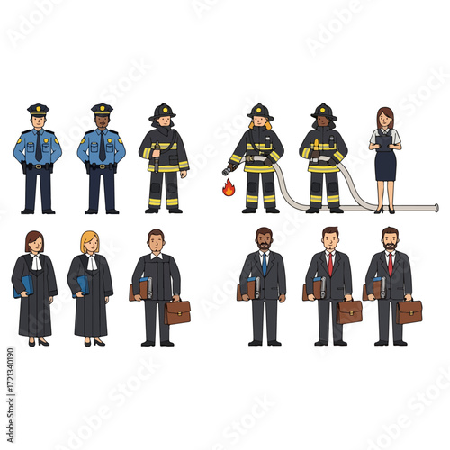 Diverse professionals in uniform and formal attire standing together.