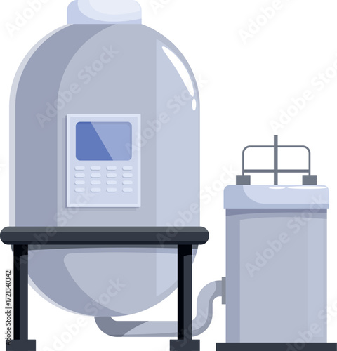 Modern industrial equipment processes resources, featuring a control panel and pipes, showcasing advanced technology in manufacturing