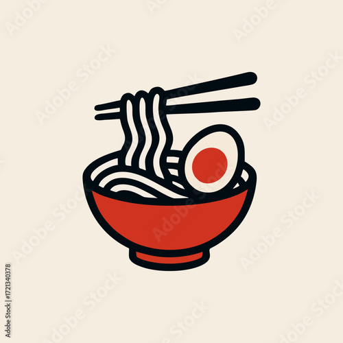 Creative Japanese Ramen Restaurant Logo Vector Featuring Hot Soup Bowl with Chopsticks Simple Red Black Design Perfect for Noodle Shop Branding Asian Food Cafe or Gourmet Culinary Business Identity