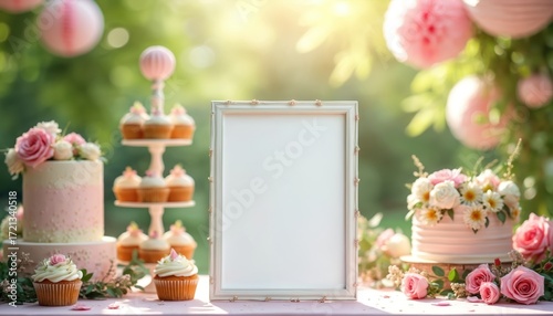 Wallpaper Mural Blank invitation mockup in garden party setting. White frame on table with cakes flowers and cupcakes. Pastel pink green color palette. Birthday wedding celebration concept. Torontodigital.ca