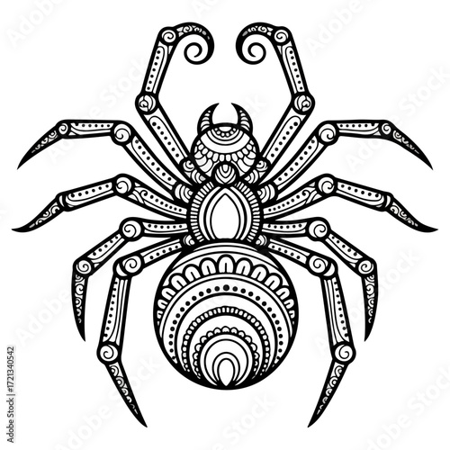 Detailed black and white spider illustration with intricate patterns.