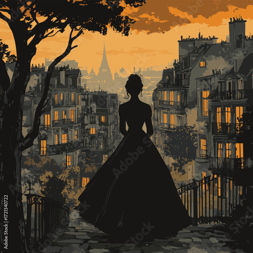 Silhouette Woman In Long Black Dress Disappearing In Old European Town , vector style simple color