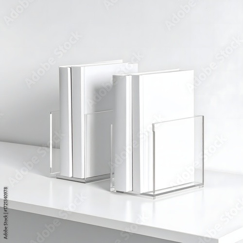 Contemporary book storage with clear acrylic bookends high resolution photo