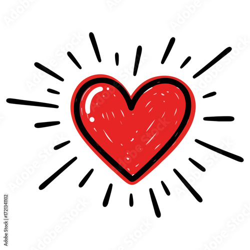Radiant red heart illustration with black outline and sunburst effect.