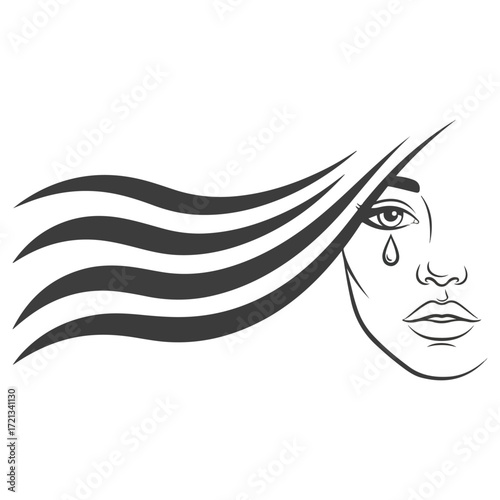 Sad Woman with Long Flowing Hair.