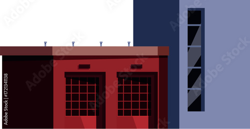 Contemporary fire station featuring red and blue geometric structures