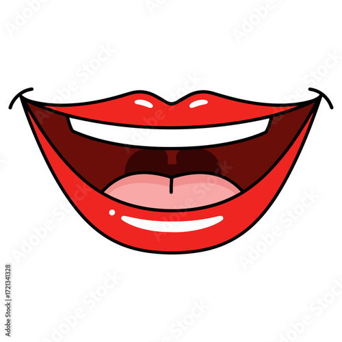 Smiling red lips with open mouth showing teeth and tongue.
