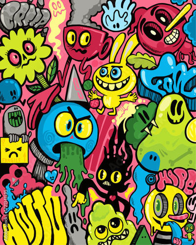 Whimsical doodle art featuring cute, creepy characters and monsters, perfect for playful designs, quirky branding, and imaginative projects for kids and adults