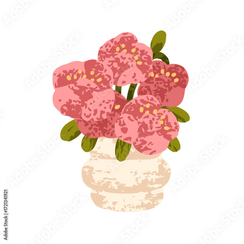Flower bouquet in ceramic vase. Blooming peonies with lush gentle gorgeous pe...