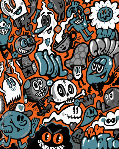 Whimsical cartoon doodles create a playful, vibrant pattern perfect for kids' products, quirky designs, and fun, eye-catching backgrounds