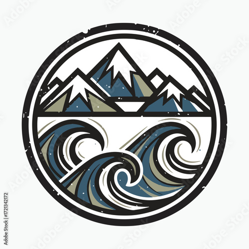 Stylized emblem featuring majestic mountains reflected in choppy ocean waves