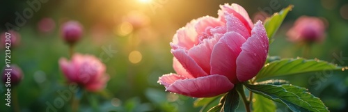 Delicate pink peony flower unfurling petals in morning sunlight, covered in dew drops. Lush green foliage and buds in soft focus background. Captures natural beauty, garden bloom, fresh morning.