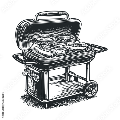 Grilling hot dogs on the barbecue for a summer cookout gathering