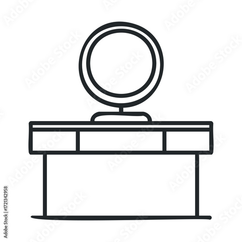 Modern desk setup with round mirror for stylish workspace design