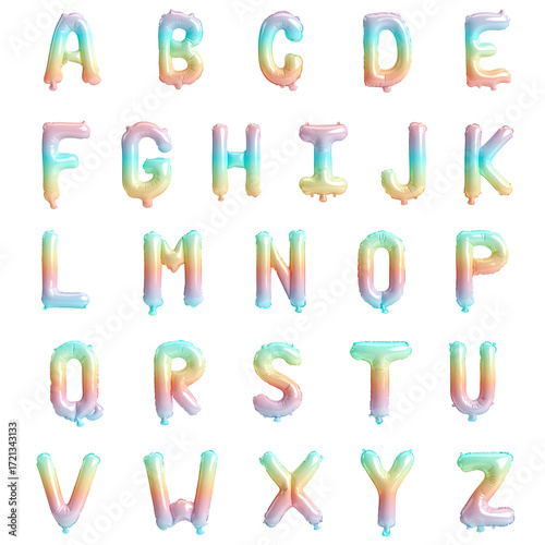 Colorful rainbow balloon alphabet letters set isolated on white background, 3d illustration