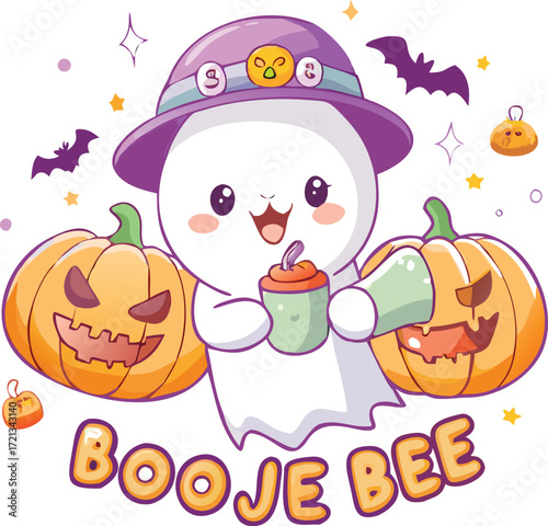 Adorable cartoon ghost holding a drink with pumpkins isolated on white background halloween illustration with cute spooky character and text