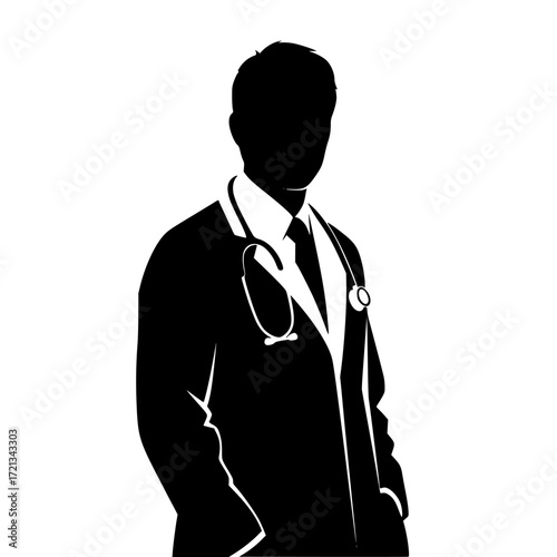 Professional silhouette of a male doctor wearing a suit and stethoscope isolated on transparent background