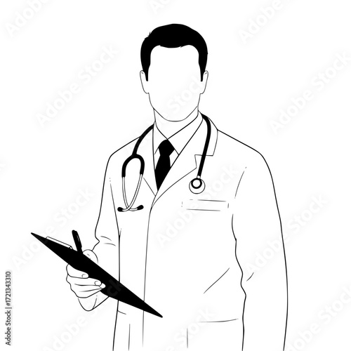 Stylized line art silhouette of a doctor wearing a stethoscope and holding a medical chart isolated on transparent background