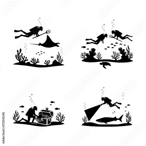 Four distinct silhouette illustrations of scuba divers exploring underwater scenes with marine life and objects isolated on transparent background