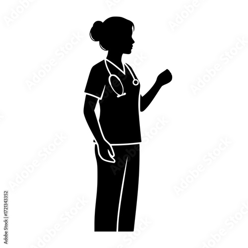 Silhouette of a female healthcare professional wearing scrubs and a stethoscope isolated on transparent background
