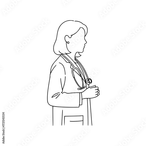 Hand drawn sketch silhouette of a female doctor wearing a lab coat and stethoscope isolated on transparent background