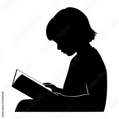 Silhouette of a young child engrossed in reading a book with focused attention isolated on transparent background