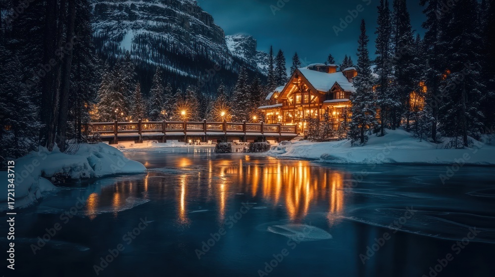 Obraz premium Snowy chalet by a frozen river at night