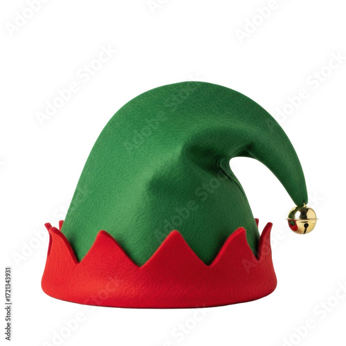 A festive, traditional green felt elf hat with a red zigzag brim and golden jingle bell, isolated against a transparent background with ample copy space, high-quality Christmas holiday concept