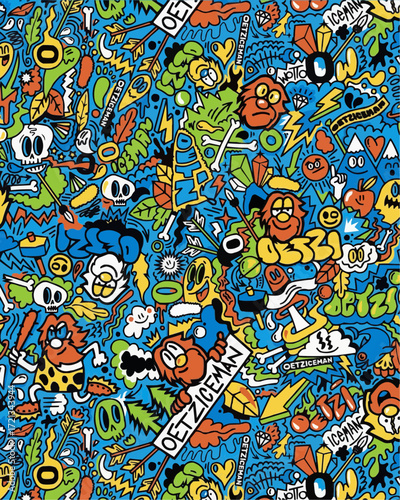 Cartoonish doodle art with caveman character, skulls, arrow, lightning bolts, and whimsical icons, perfect for playful designs and creative projects