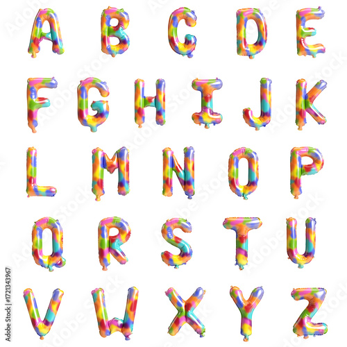 Colorful rainbow balloon alphabet letters set isolated on white background, 3d illustration