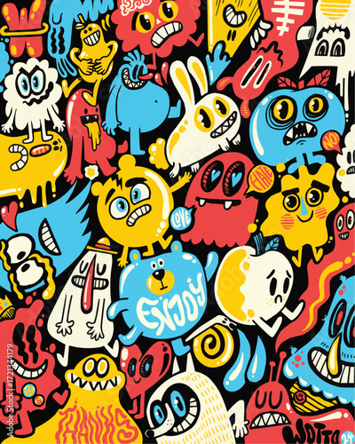 Whimsical cartoon characters creating a vibrant and playful design, perfect for children's products, quirky branding, or colorful digital art projects