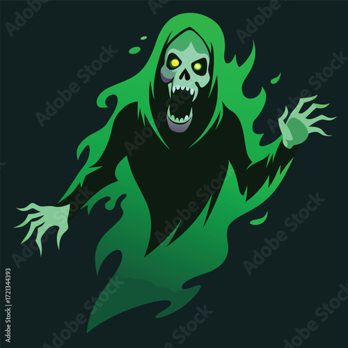 A spooky green grim reaper with glowing eyes and a menacing grin, floating eerily with wisps of smoke, perfect for halloween themed designs