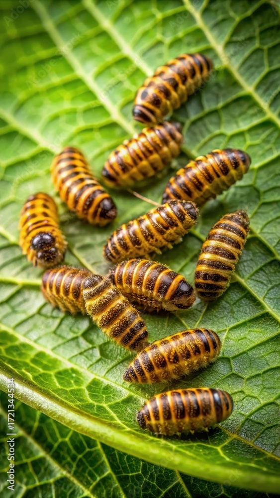Fototapeta premium A group of bee larvae crawling on a leaf