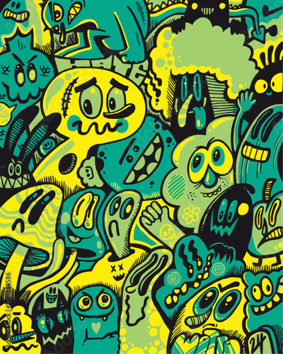 Whimsical monster mash doodle art, vibrant and quirky characters in a fun, chaotic scene perfect for bold designs and playful projects, full of energy
