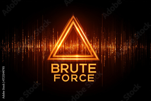 Glowing orange warning triangle with brute force text and vertical digital lines, symbolizing password attack and system breach
